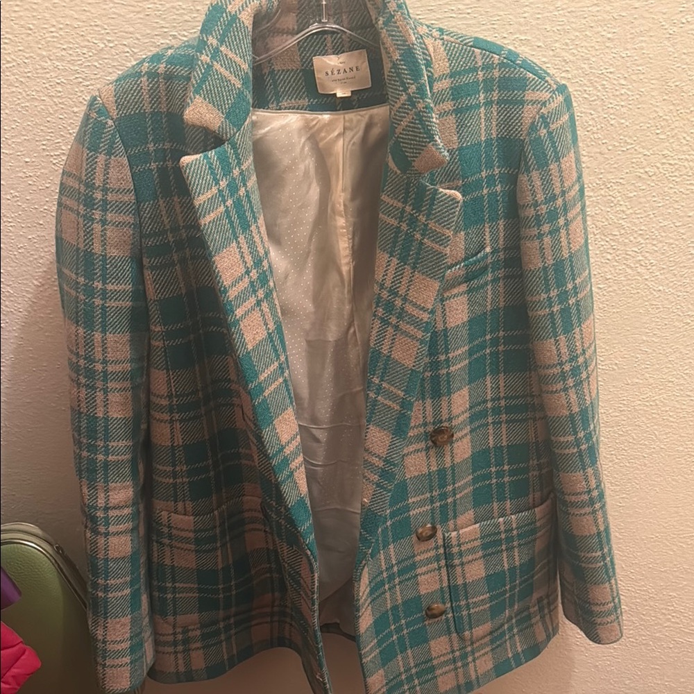 Sezane Blue and White Blazer Classic Suit Jacket